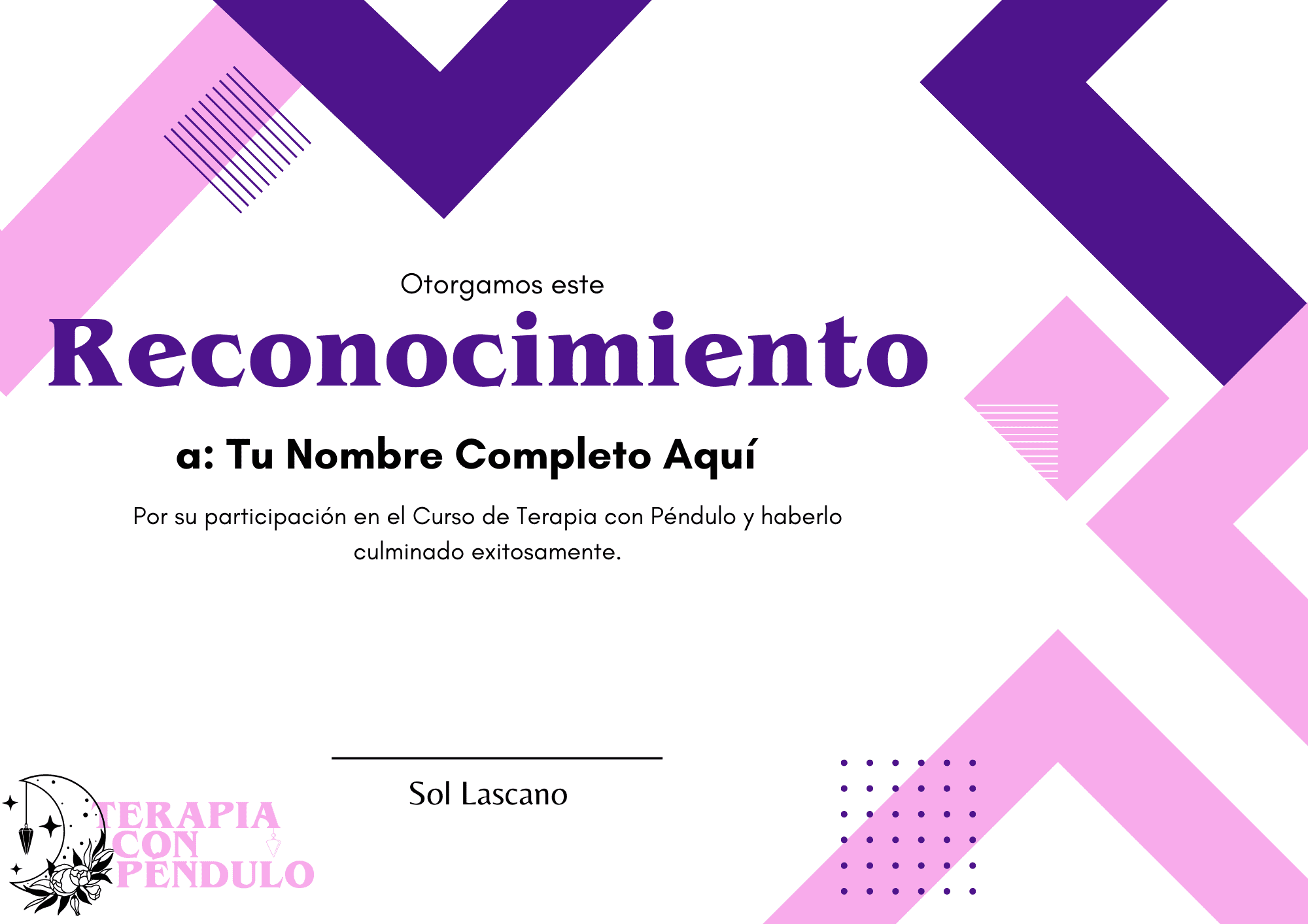 Certificado constancia de participación terapia con péndulo