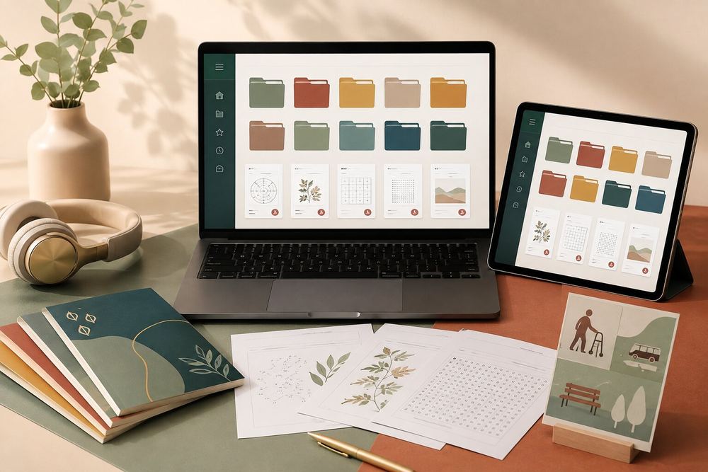Biblioteca digital organizada con carpetas, cuadernos y actividades para adultos mayores