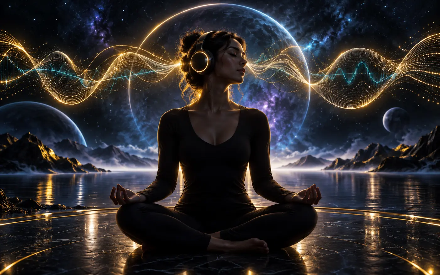 Mujer meditando con audífonos entre ondas sonoras doradas