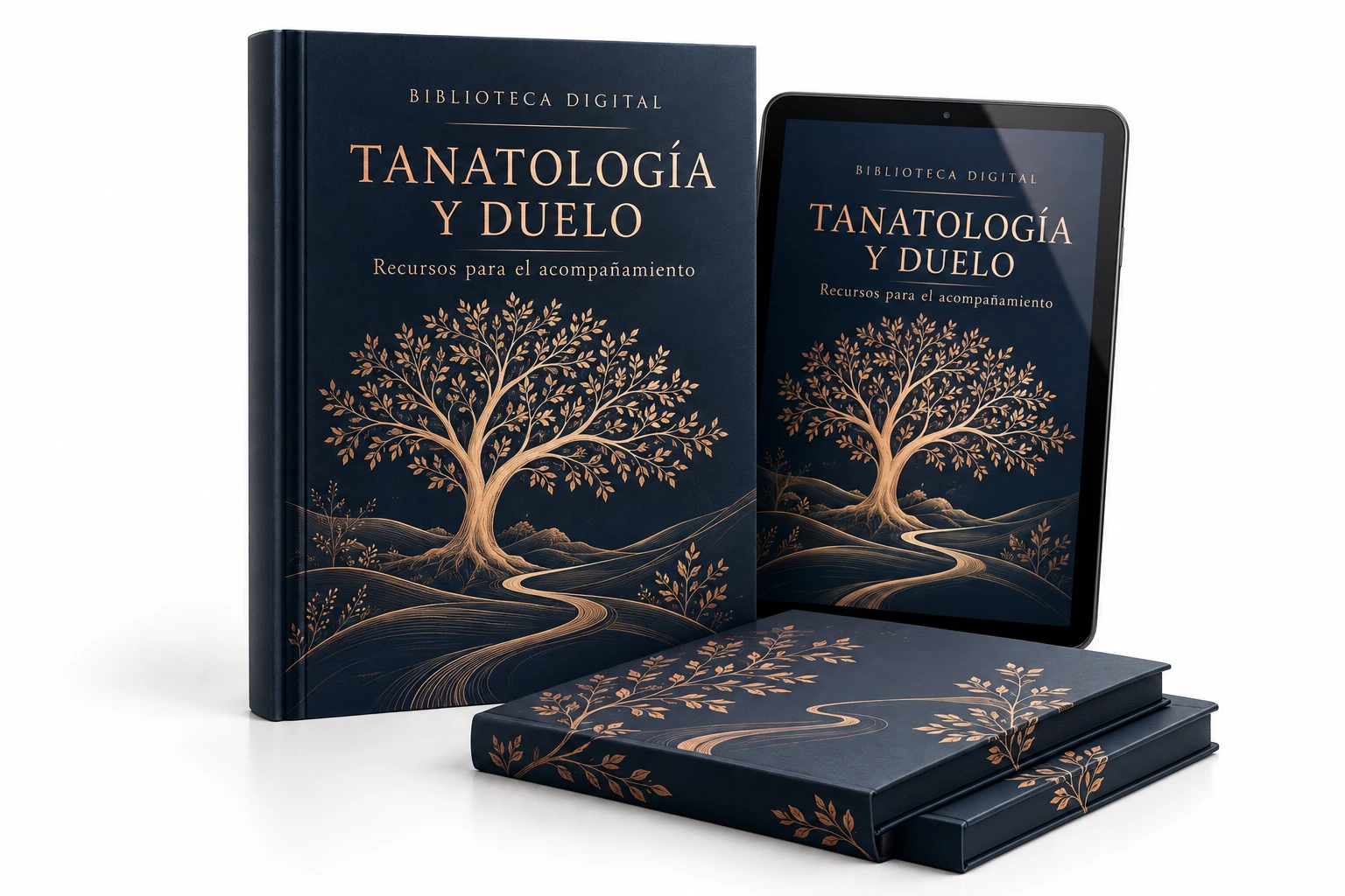 Representación ilustrativa de la Biblioteca Digital de Tanatología y Duelo: una tableta y cuadernillos con diseño azul marino y árbol de la memoria