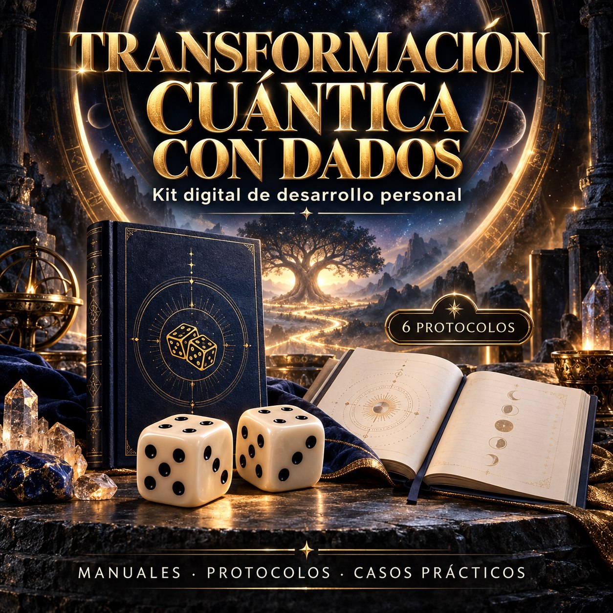 Presentación promocional de Transformación Cuántica con Dados: manuales y dados en azul y dorado