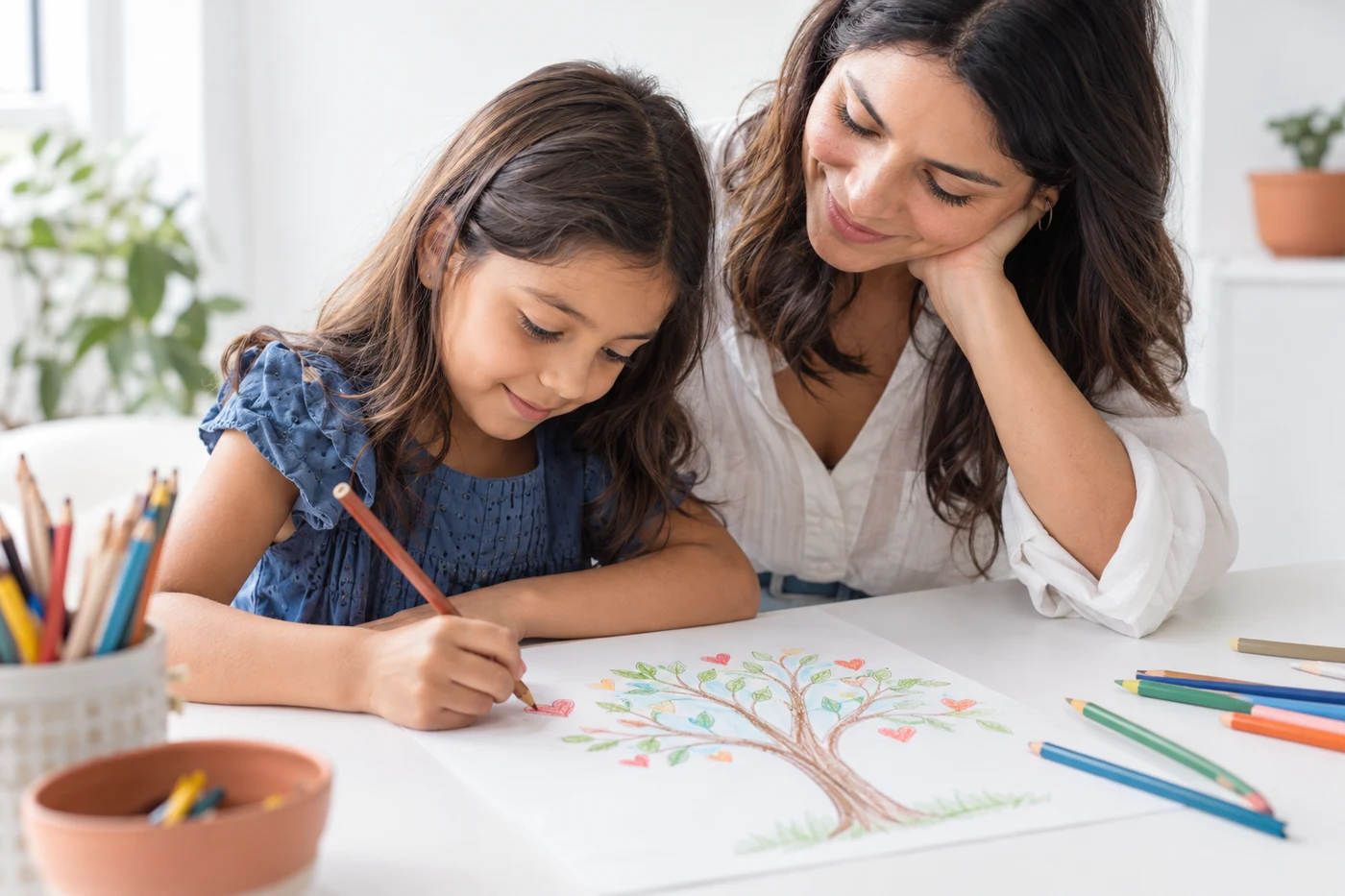 Imagen ilustrativa de una niña dibujando un árbol de recuerdos junto a una persona adulta que la acompaña