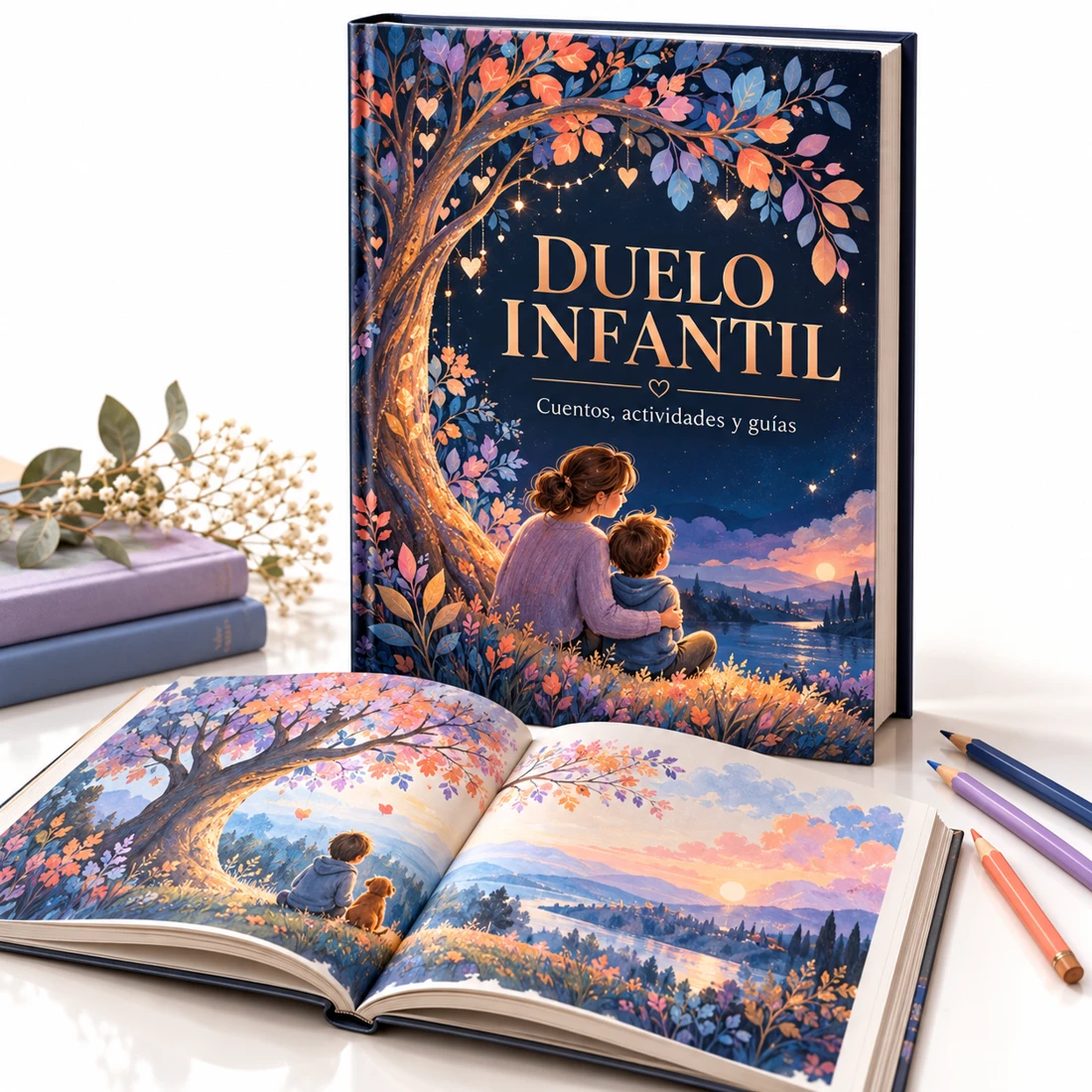 Representación ilustrativa del complemento digital Duelo Infantil, con cuentos y un árbol de recuerdos