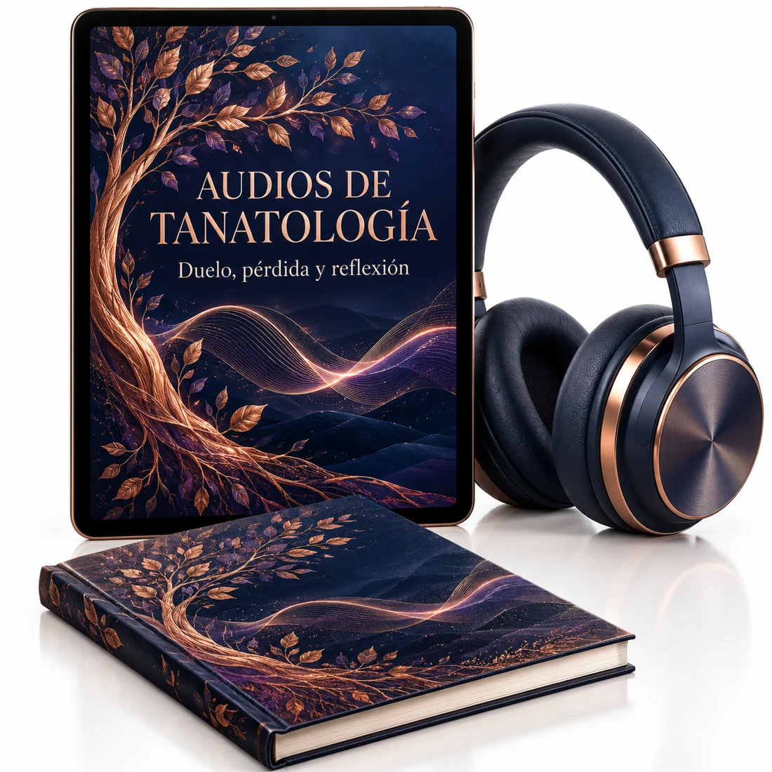 Representación ilustrativa del complemento digital Audios de Tanatología, con una tableta y audífonos