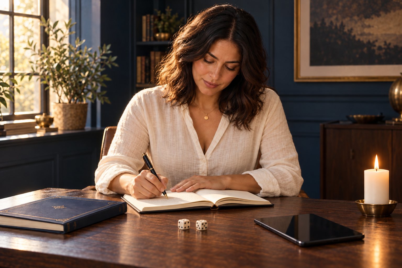 La mujer escribe en su cuaderno al finalizar la práctica.