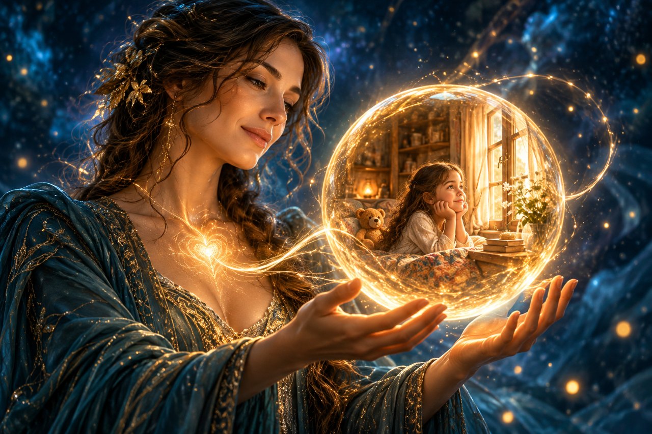 Imagen simbólica de una mujer adulta contemplando un recuerdo de su infancia.