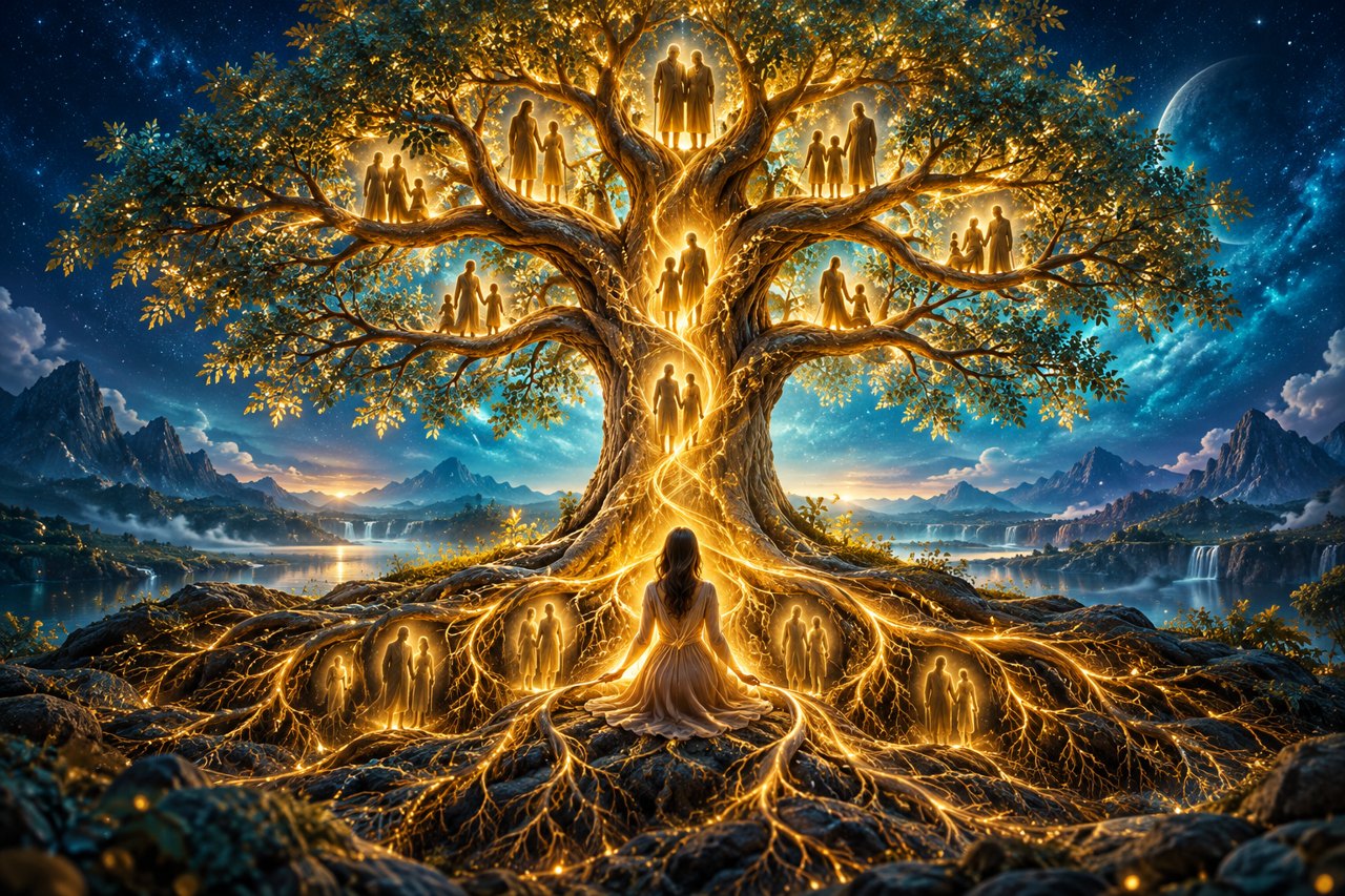 Árbol luminoso con figuras de distintas generaciones como representación simbólica del linaje familiar.