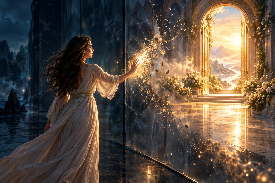 Mujer abriendo una barrera de cristal hacia una puerta luminosa; símbolo de creencias que dejan de limitar.