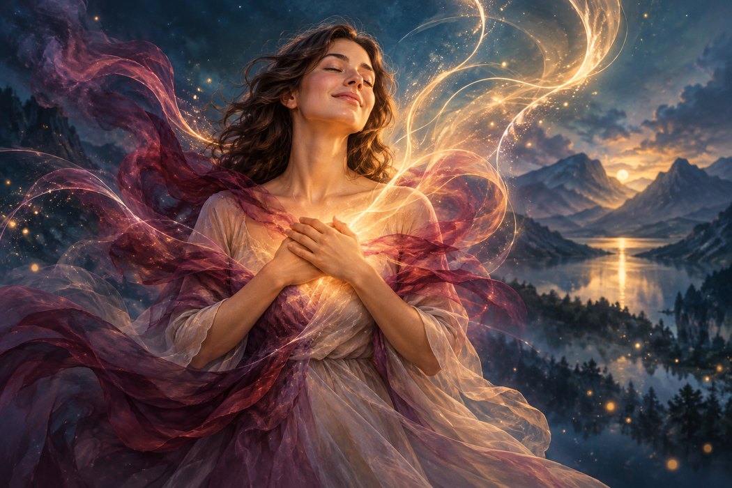 Mujer con las manos sobre el corazón y cintas de color que se transforman en luz; símbolo de alivio emocional.