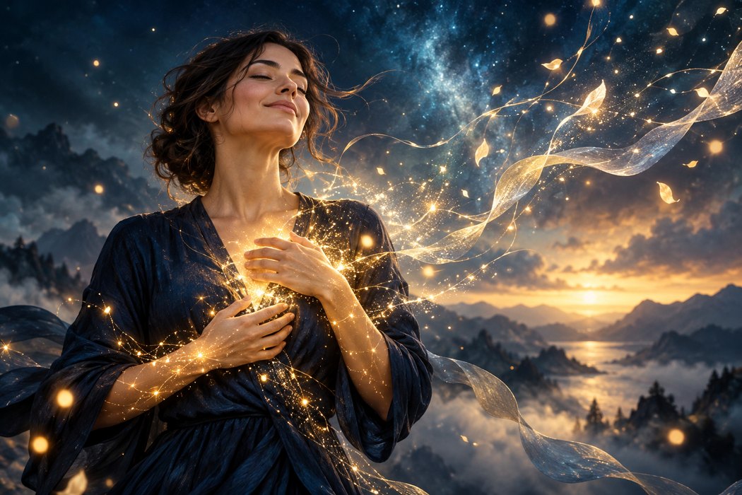 Mujer serena con puntos de luz sobre las manos y el cuerpo; representación simbólica de memorias celulares.