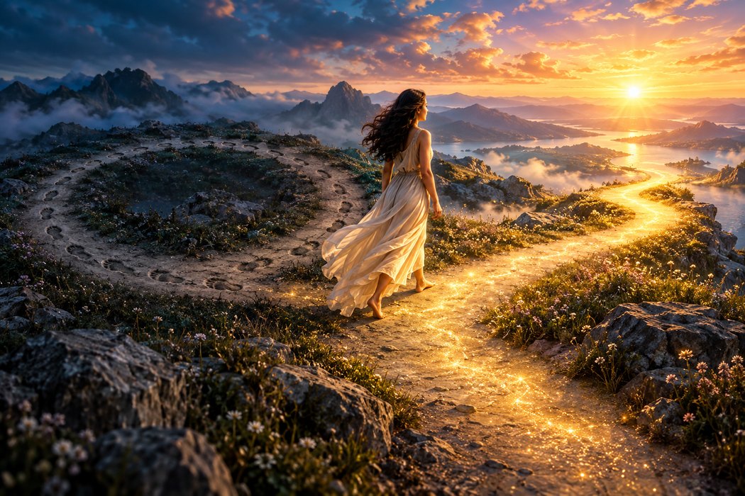 Mujer dejando un camino circular y tomando una ruta nueva hacia el amanecer; símbolo de cambio de patrones.